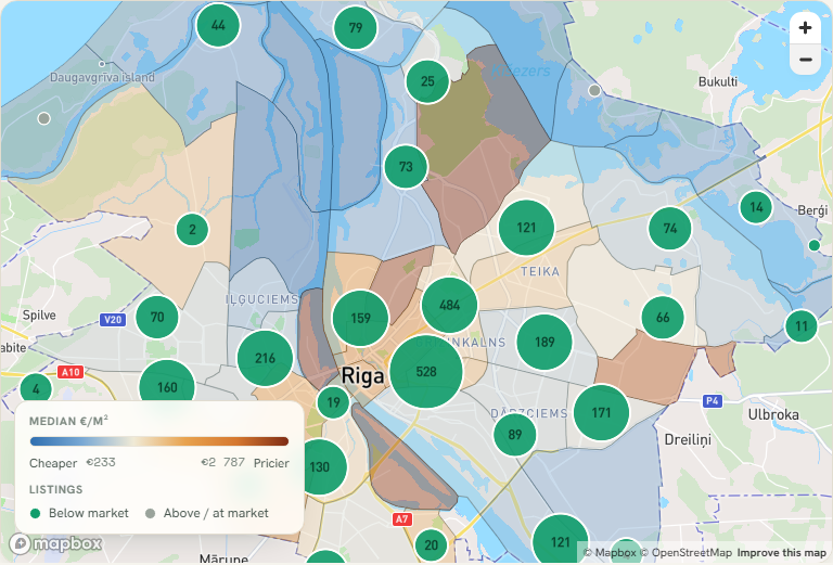 Rīgas cenu karte pa apkaimēm ar €/m² leģendu
